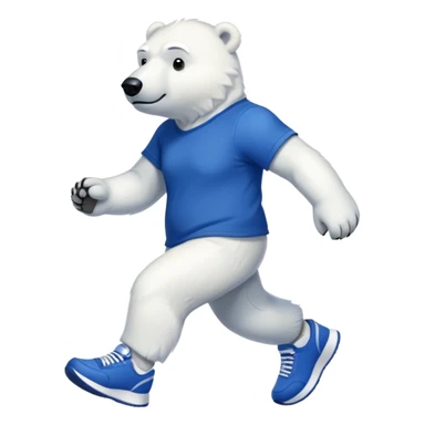 strong-looking friendly anthropomorphised polar bear walking with a confident stride, wearing a royal blue t-shirt, black pants, and trainers sticker