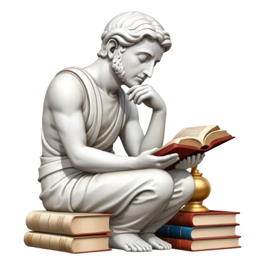 An icon featuring a Thinker statue, a scroll, symbolizing philosophy. The design includes books and abstract symbols representing deep thought and wisdom. Transparent background highlights the study of ideas, logic, and existential questions sticker