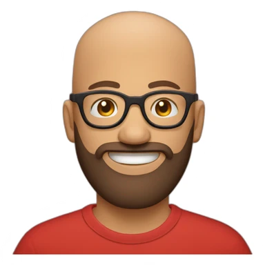 Bald man smiling with glasses and big bushy brown beard with. Wearing red t shirt sticker