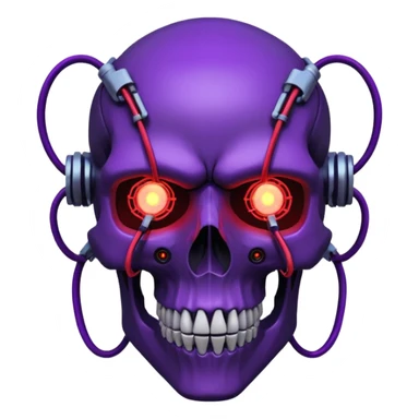 Cyberpunk shield, skull with cybernetic implants, glowing wires, dark purple and red tones, no background sticker