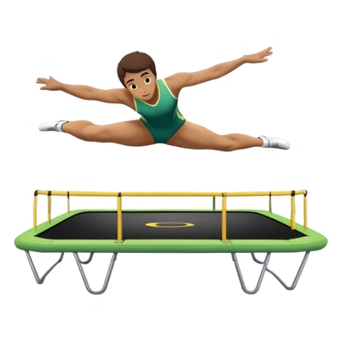 An athletic person soaring high above a trampoline, executing an acrobatic flip with perfect form. The scene captures motion and energy, with a dynamic pose, stretched limbs, and a focused expression. The background suggests a professional trampoline arena with safety padding. sticker