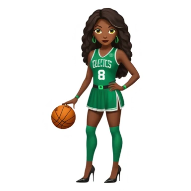A 47-year-old dark black woman with brown eyes, long dark brown baylaige hair dressed in sexy 
celtics jersey costume outfit and stilettos  sticker