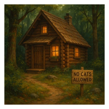 cozy cabin in the woods with a 'No Cats Allowed' sign, surrounded by nature sticker