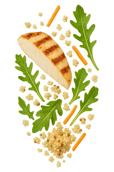 EMOJI STILE IPHONE DI quinoa e pollo con rucola e carote CHE CADONO VERTICALMENTE DALL'ALTO, iperrealistica 4k sticker