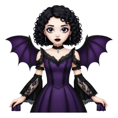 A girl with a goth vampire look in a goth lace batwings shaped sleeves dress black curly hair  sticker