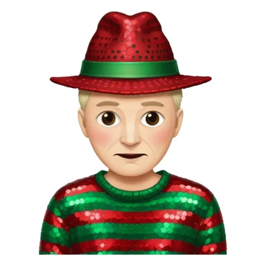 Freddy Krueger with red and green stripe sequin sweater, dark brown sequin hat sticker