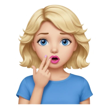 Girl Blonde short wavy hair,  blue eyes, cute blue top, long lashes, pink lips, shocked, hand over the mouth sticker