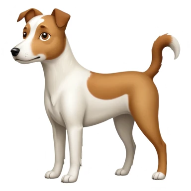 a full body large white parson russell looking dog the size of a kelpie with light brown ears and a light brown patch on one eye and a large snout sticker