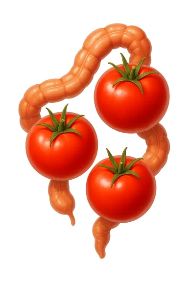 emoji stile iphone di pomodori che fluttuano in aria con colon attorcigliato intorno, iperrealistico 4k, isolato su sfondo bianco sticker