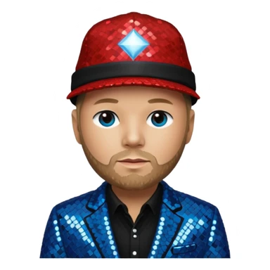 Fred Durst with sequin cream suit jacket with black shirt, red sequin hat, blue eyes, dark blonde hair sticker