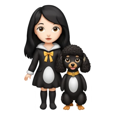 A girl who has long hair and looks like a penguin holds a brown poodle sticker
