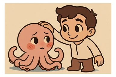 Change the octopus to have a shy expression with blushing cheeks and looking slightly away, while the human keeps a gentle smile. Cartoon style, keep the same pose. sticker