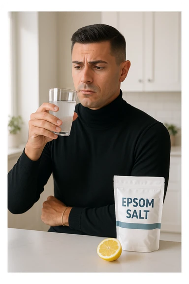A realistic, bright photo-style image of a young man in his 30s standing in his kitchen, holding a clear glass filled with water in which Epsom salt (magnesium sulfate) has been dissolved. He looks focused but slightly uncertain as he prepares to drink it for a liver flush or digestive cleanse. The glass shows slight cloudiness from the dissolved salt. On the counter are a packet labeled 'Epsom Salt' and a sliced lemon, suggesting he might use it to mask the taste. The setting is clean, natural, and bright with neutral tones. The background shows sunlight streaming through a window, emphasizing a clean, minimalist health-focused environment. The mood conveys a realistic, calm moment of self-care with a hint of discomfort, illustrating a natural detox practice in italiano sticker