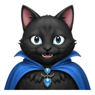 an all black anthropomorphic cat with blue eyes wears an all black cape and is smiling a mischievous sharp tooth grin sticker