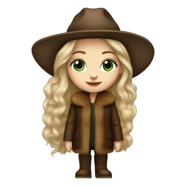 Realistic White girl with Long straight blonde hair, green eyes, tattoos, full body wearing Brown fur coat and fur hat and Brown leather boots sticker