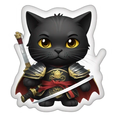 black cat with bad face, big wings, holding a samurai sword, dressed like a king sticker
