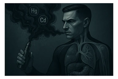 A stylized and unsettling electronic cigarette releasing dark metallic smoke filled with toxic particles. Within the smoke, symbols of heavy metals (Pb, Hg, Cd) travel towards a transparent human body. Inside the body, the liver and intestines appear blackened or visibly clogged. The atmosphere is dark, medical-symbolic style with cold metallic colors, conveying a strong and disturbing visual message. The face is inspired by the reference photo provided. sticker