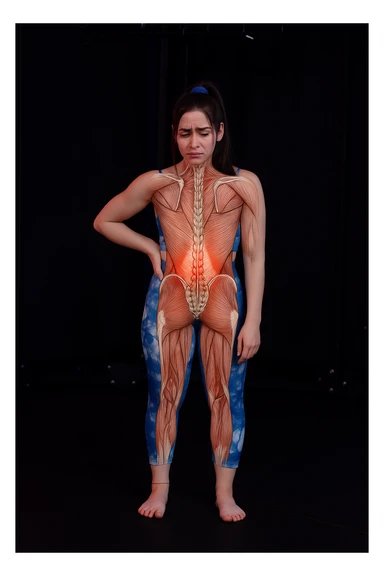 A woman with back pain, add an anatomically highlighted back on the body, variant 3, in a style suitable for editing and anatomical clarity. sticker
