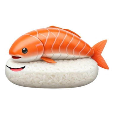 Cute Kawaii Nigiri Sushi, plump and happy, a soft white rice pillow topped with bright orange salmon, tiny blushing cheeks, big round eyes, a joyful floating expression! sticker