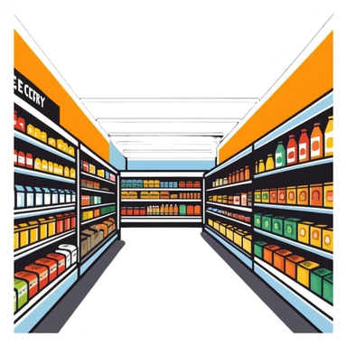 inside large grocery store with aisles full of products sticker