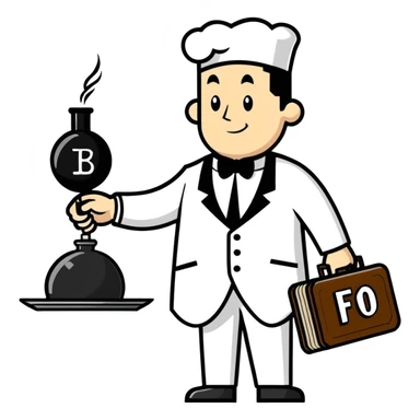 A butler holding a platter with an old-fashion bomb on it with the letters FO on the bomb sticker