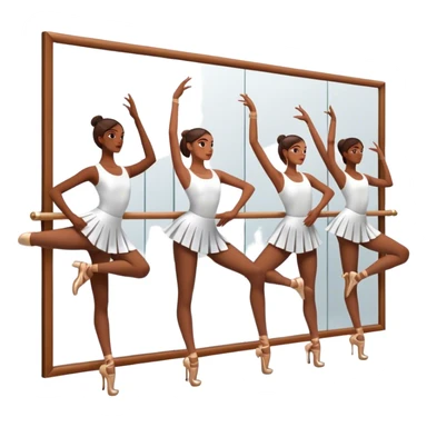 Icon for Choreography: a group of dancers in identical poses, standing by a wall with all wall long mirror, holding a long barre with one hand. The icon should capture the discipline and synchronized movement of dance training. Transparent background. sticker