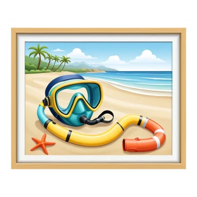 Icon for Beach Tourism: a serene beach scene with gentle waves, a snorkel mask, and a diving tube. The icon should evoke the relaxation and beauty of beach destinations. Transparent background. sticker