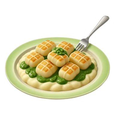 Gnocchi Cinematic Realistic Gnocchi Dish Emoji, depicted as tender oblong potato gnocchi garnished with iconic fork marks on top, rendered with soft textures and warm, inviting lighting. add green  sauce on top sticker