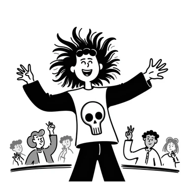 A person enthusiastically headbanging at a concert, wearing a band shirt with wild hair flying sticker