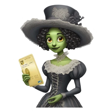alien galora in Victorian dress elegant, full body, holding big credit card sticker