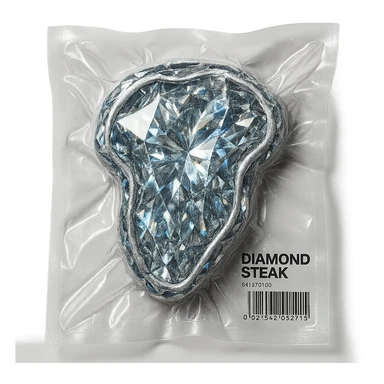 meat steak made of diamond, glossy and puffy, vacuum-sealed style sticker