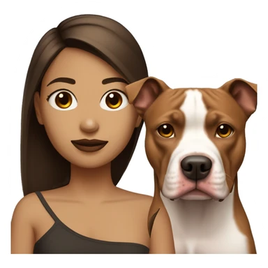 light skin girl with dark brown straight hair face next to red pitbull sticker
