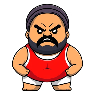 White skin fat guy with prominent black durag, black beard, black eyes in a red and black wrestling singlet with angry face sticker