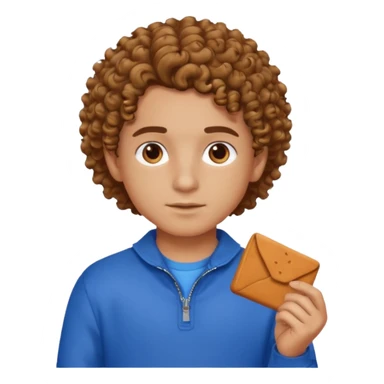 curly hair boy, bronzer skin, hair parted on the right side, brown eyes, blue clothes sticker