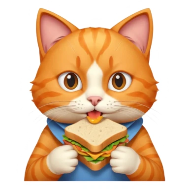 cute orange cat portrait, head and shoulders only, biting a sandwich, funny expression, 3D cartoon, mobile game icon style, clean background, no text, no watermark sticker