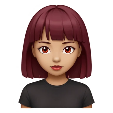 beautiful girl with dark maroon medium hair, straight bangs and red bando, red eyes and brown tshirt  sticker