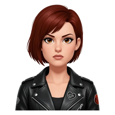 A female Harley rider with short mahogany-coloured hair, dressed in biker gear, with a heart. Slightly shorter hair and a tougher look sticker