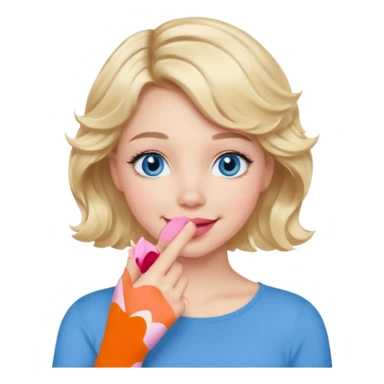 Girl Blonde short wavy hair,  blue eyes, cute blue top, long lashes, pink lips, smiling, hand covering the mouth sticker