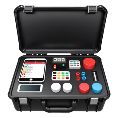 An open, black outdoor test case.Interior: control panel with colored test jacks, USB ports, and a power outlet. A red test probe is located next to it. On the left side of the case is a large roll of white, round test labels displaying QR codes.  sticker