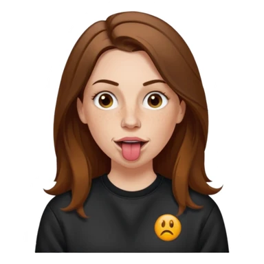 A 38 year old white woman with long brunette hair parted in the middle. She has her nose pierced. Her nose is medium sized. She has brown eyes. She has freckles and is wearing a black sweatshirt and is sticking out her tongue. sticker