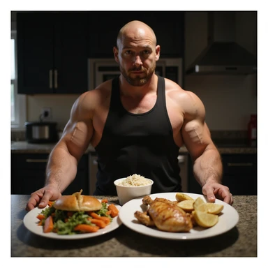 muscular man showing his 2000 calorie meal, plates with chicken, rice, vegetables, potatoes, sports kitchen atmosphere, hyperrealistic 4K details sticker
