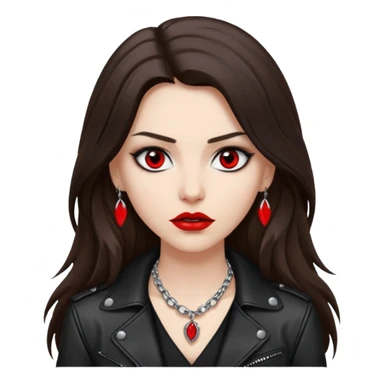 brunette with very long hair in black cuir jacket with red lips and very dark brown eyes and white shirt and mysterious necklace without piercing with evil eyes sticker