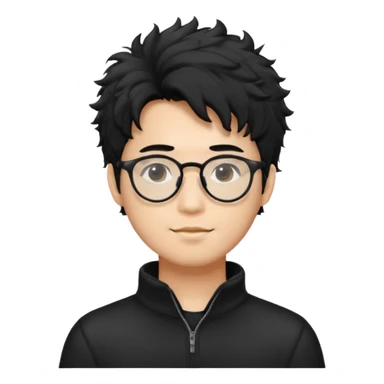 Make an Asian male with black fluffy messy hair wearing a black quarter zip and glasses sticker