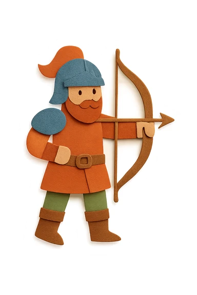 warrior with layered paper look, holding bow, cutout effect sticker
