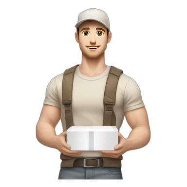 Pale skinned fit Man with dark brown hair in a beige cap, gray jeans, brown polo and white T-shirt keeping a pasted with tape white box into his hands sticker