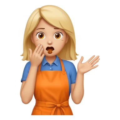 scared woman with her hands on her mouth, emoji style, more details, sideways pose, orange apron, different pose, different details sticker