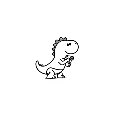 A hand-drawn baby T-Rex toy with a diaper and tiny arms holding a rattle sticker