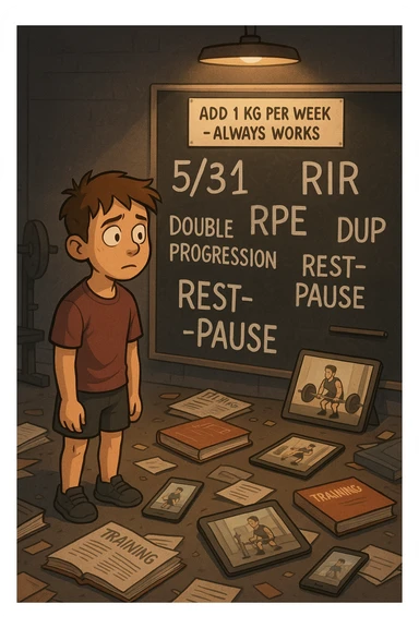 Giovane neofita in palestra, con uno sguardo perso davanti a una lavagna piena di metodi di progressione (5/3/1, RIR, RPE, double progression, DUP, rest-pause). È circondato da libri di allenamento e video tutorial su tablet e smartphone. Dietro di lui, un cartello piccolo ma chiaro: 'Aggiungi 1 kg a settimana – funziona sempre'. Atmosfera caotica intorno, ma luce calda sul messaggio semplice sticker