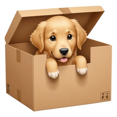  A very cute young Golden Retriever  with one's head tilted to one side poked its paws out of the cardboard big box and placed them on top of it sticker