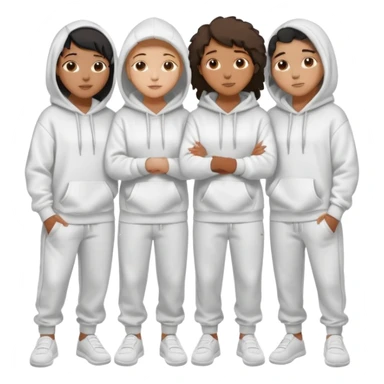 four mixed race friends all wearing white oversized hoodies with the all of the hoods up, white sweatpants, and white slides huddled together hugging sticker